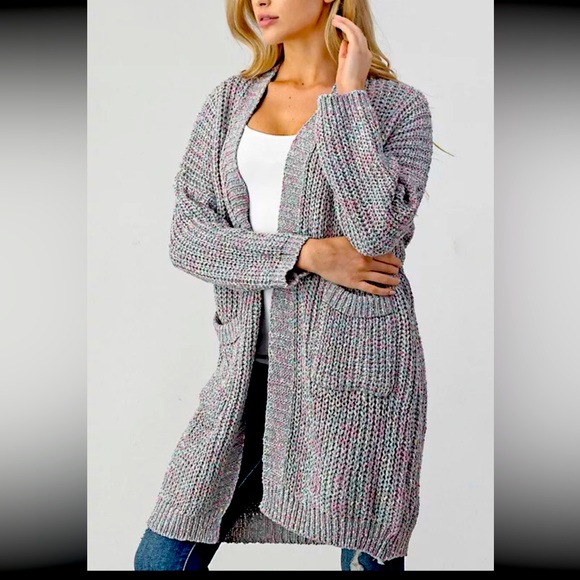 Hope Horizon Sweaters - Hope Horizon Size L/XL Gray Pink Marbled Side Pocket Open Sweater Cardigan